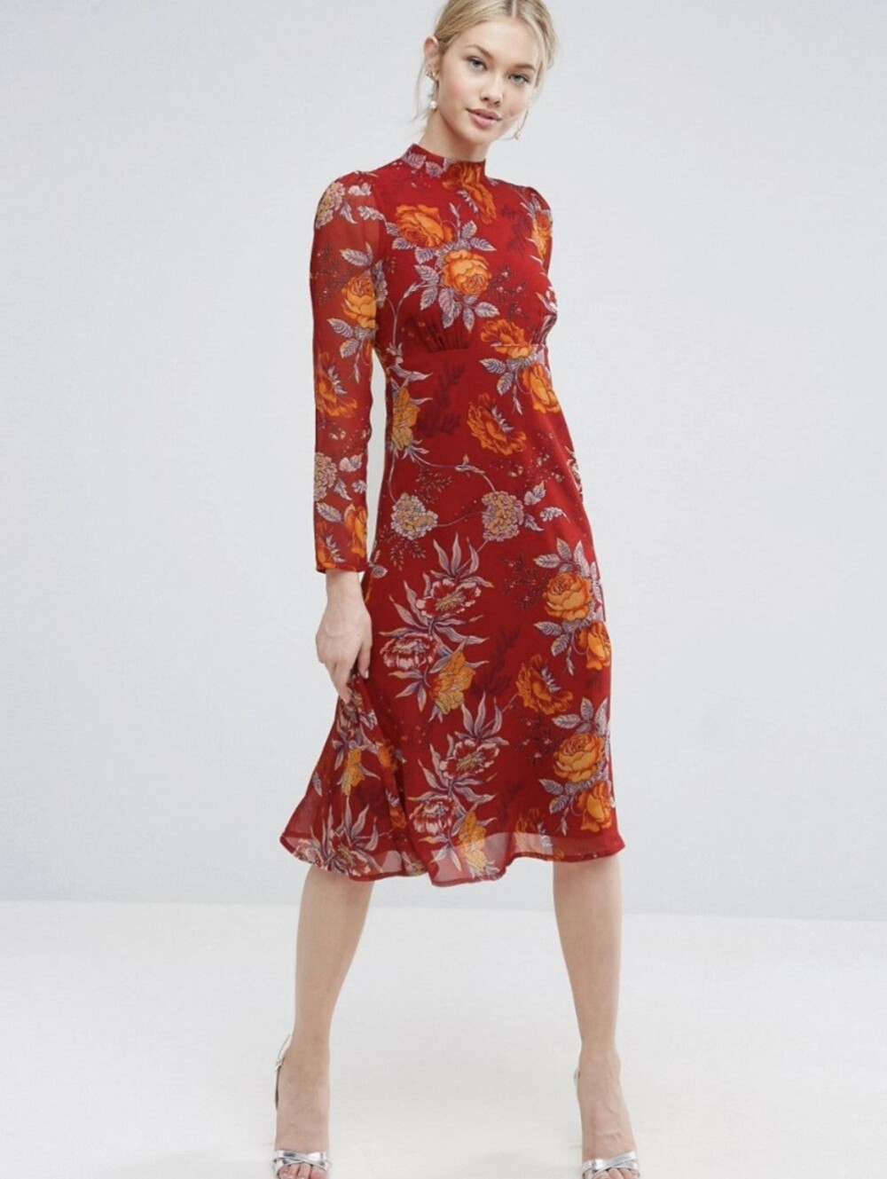 ASOS High-Neck Mixed Floral Midi Dress Long Sheer Sleeves- 14